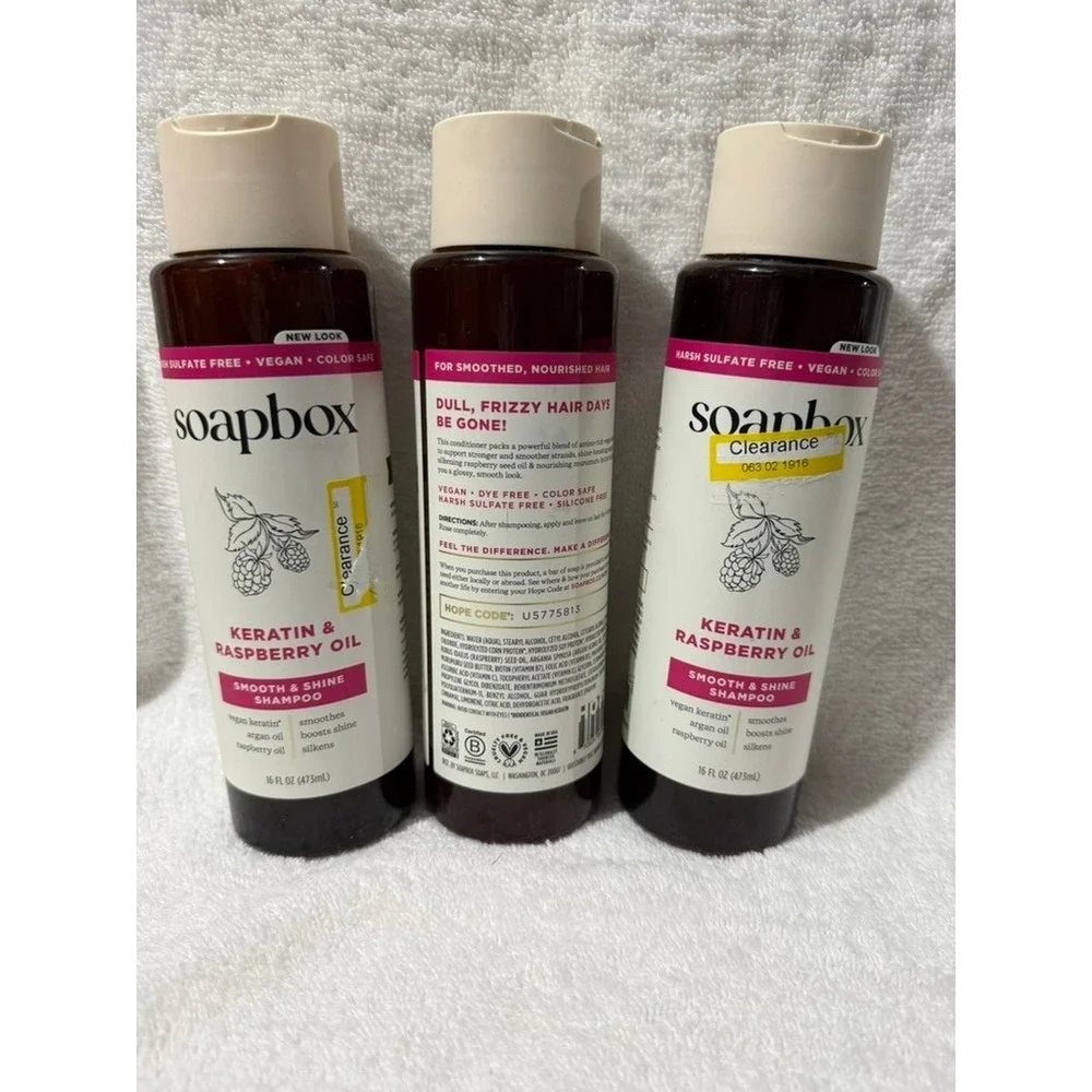 Soapbox Keratin & Raspberry Oil Smooth & Shine Shampoo & Conditioner Set 3 Pack